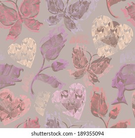 Delicate seamless pattern with butterflies, flowers and hearts.