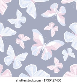 
 Delicate seamless pattern with butterflies in pastel colors. Hand drawn vector design.