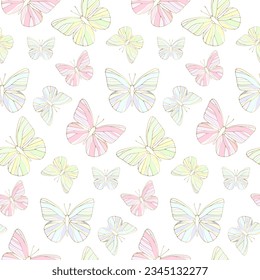 Delicada y sin fisuras, con mariposas en tonos pastel sobre un fondo blanco. Patrón de vectores para textiles, papel de envoltura, cubiertas, fondos, decoración.