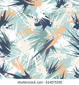 Delicate seamless pattern with colorful abstract geometrical strokes on light turquoise background. Spring pastel colors.