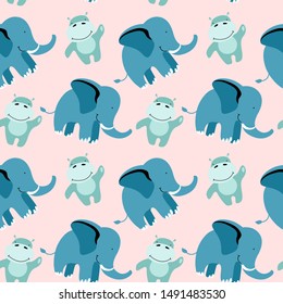 Delicate seamless pattern with cute animals for baby textile. Cartoon elephants and behemoths on pink background. Vector illustration.