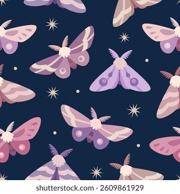 Delicate seamless pattern with cute fairy butterflies on a dark background with stars. Suitable for fabric, textile, wrapper, packaging, background, cover