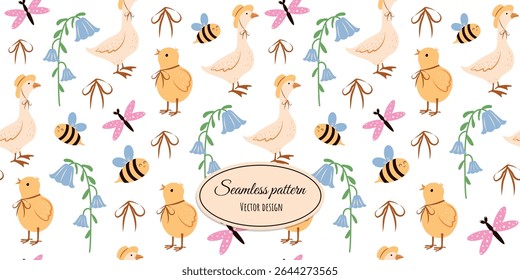 Delicate seamless pattern with cute goose in a hat, chicken, butterflies, bees and flowers hand-drawn in a modern style. Vector flat illustration in vintage style.