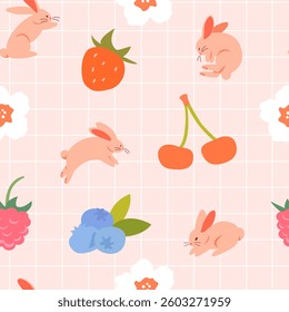 A delicate seamless pattern with cute rabbits and summer berries, raspberries, blueberries, strawberries, cherries. Suitable for wrapping, textiles, printing, wallpaper