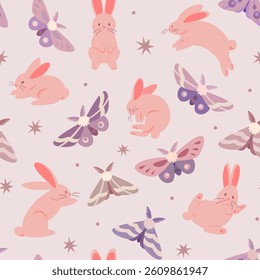 Delicate seamless pattern with cute rabbits, butterflies and stars on a light background. Suitable for wrapping, textiles, packaging, backgrounds