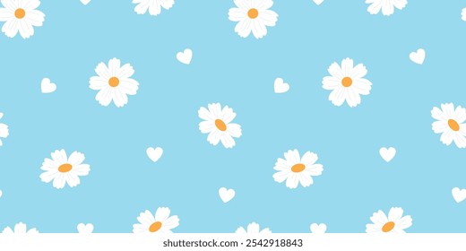 Delicate seamless pattern with daisies and hearts. Suitable for fabric, packaging, greeting cards, posters. Vector illustration