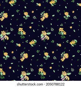 Delicate seamless pattern in dark colors with small, tiny yellow flower bouquets and polka dots.