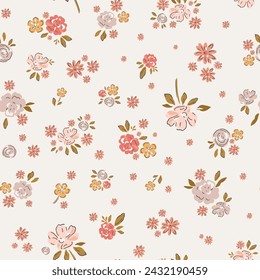 A delicate seamless pattern depicting pink, red and orange wildflowers on a light background.