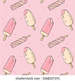 Delicate seamless pattern of different kinds of ice cream on pink background. Ice cream melts in the summer heat. Vector illustration in sketch style.