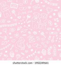 Delicate seamless pattern with doodle elements for Saint Valentines Day,wedding,web background. Soft pink background for Valentine's day decor.