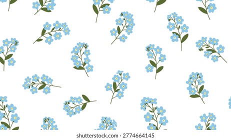 Delicate seamless pattern features small blue forget-me-not flowers scattered across a clean white background.