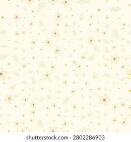 A delicate seamless pattern featuring hand-drawn yellow flowers with pink centers and small green leafy sprigs scattered on a light cream background.