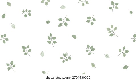 Delicado padrão sem emenda com folhas verdes luz espalhadas e pequenos ramos em um fundo branco limpo.