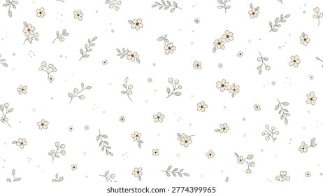 A delicate seamless pattern featuring scattered small light yellow flowers with green leaves and tiny dots on a clean white background.