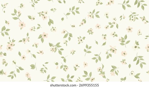 Delicate seamless pattern featuring small pastel pink and light green blossoms with scattered leaves on a soft white background, ideal for textile designs.