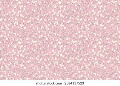 Delicate seamless pattern featuring tiny white flowers with on thin, florals stems over a pastel pink background. Ornament for prints,  fabrics, wallpapers, gift wrap, stationery, and designs.