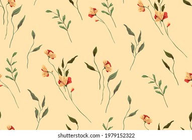 Delicate Seamless Pattern. Floral Background With Graceful Plants: Peach Poppies On Thin Stems, Various Leaves. Vector Illustration In Vintage Style.