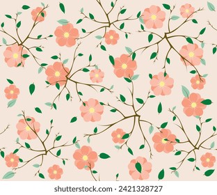 A delicate seamless pattern with flowering branches on a light colored background. Vector illustration for wallpaper, fabric, postcard design in vintage style