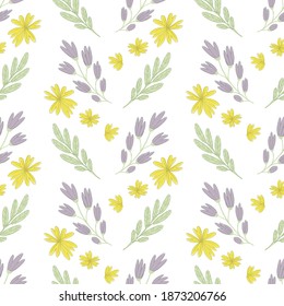 Delicado patrón sin fisuras con flores y hojas sobre un fondo blanco