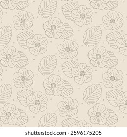 A delicate seamless pattern with flowers and leaves in a linear drawing style. Perfect for packaging, textiles, wallpapers, greeting cards, and interior design.
