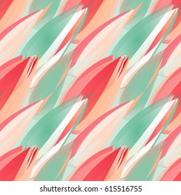 Delicate seamless pattern with geometrical lotus flower buds. Abstract artwork with watercolor brush strokes imitation. Texture with light red and green buds of water lilies.