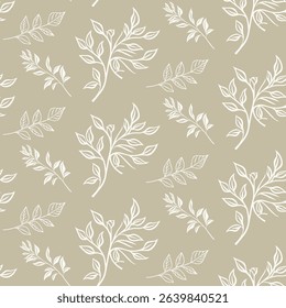 Delicate seamless pattern with hand-drawn silver leaf outlines on a beige background. A minimalist and sophisticated line art design for elegant branding and textiles.