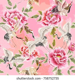 Delicate seamless pattern with Japanese white cranes and peony