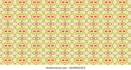 Delicate seamless pattern in light green and beige tones with red accents, evoking a floral and organic design for textiles, wallpapers, and decorative use.

