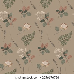 Delicate seamless pattern with lonely flowers and leaves. Simple composition, pastel colors, vector.