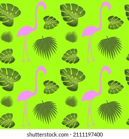 Delicate seamless pattern in a modern style, pink flamingo and palm leaves on a green background. Modern design for paper, cover, fabric, interior decor.