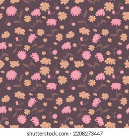 Delicate Seamless Pattern In Muted Purple Tones, Flowers On A Dark Background