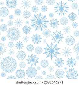 Delicado patrón sin fisuras de copos de nieve a cielo abierto. El fondo pastel de invierno con hermosos cristales. Impresión estacional corta para textil, papel, embalaje, ilustración vectorial de diseño