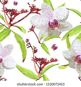 Delicate seamless pattern with orchid flowers on a white background. Vector with elements of exotic plants, leaves, stems, branches, buds scattered randomly. For fabrics, wallpaper, bedding.