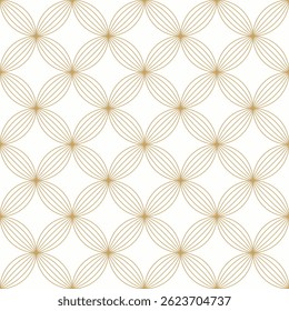 Delicate seamless pattern of overlapping circles and floral or leaf shapes in a subtle gold outline on white background for luxury card, wallpaper, packaging design.Vector illustration.