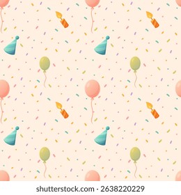 delicate seamless pattern for packaging with balloons, party hat and birthday candle