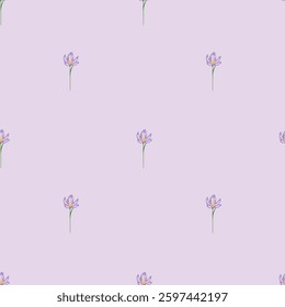 Delicate seamless pattern of pastel purple crocus flowers, perfect for childrens spring designs