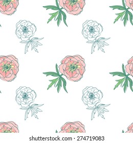 Delicate seamless pattern in pencil style of flowers. Delicate roses for wedding design. Line drawing. Spring background.