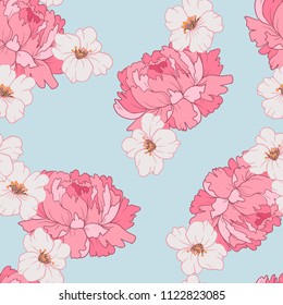 Delicate Seamless pattern with peonies flowers on a blue background. 