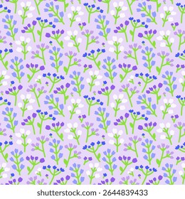 Delicado padrão sem emenda com flores de prado petite em cores suaves. Fundo floral tranquilo do verão. Dispostas em camadas por cores.