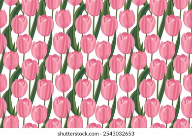 Delicado patrón sin fisuras con tulipanes rosados sobre fondo blanco. Diseño floral elegante para la tela, tarjetas, papel de embalaje, etc. Ilustración vectorial