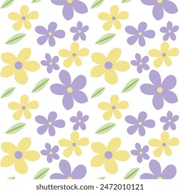 Delicate seamless pattern with purple and yellow flowers isolated on white background. Vector illustration for fabric and decoration.