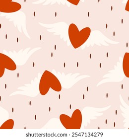 Delicate seamless pattern with red hearts, wings, and rain for Valentine's Day. Festive print for the celebration of love. Hearts with wings and raindrops falling down. Seamless pattern for textiles