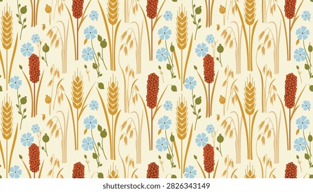 Delicate seamless pattern showing ripe golden wheat spikes, wild blue flowers, and seeds on a soft cream background.
