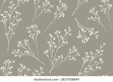 Delicate seamless pattern showing thin white line-art flower branches scattered on a warm taupe background.