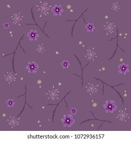 Delicate seamless pattern of small wildflowers and twigs. Botanical motifs are scattered randomly. Vector for fashion prints, textiles, wallpapers, tiles, paper. Print on a claret background.