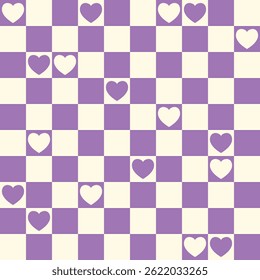 Padrão delicado sem emenda com quadrados e corações em tons roxo pastel e bege