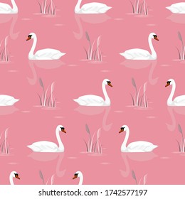 Delicate seamless pattern with swans on the pond surface. Vector illustration