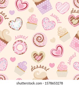 delicate seamless pattern of sweet hearts, cupcakes, muffins. the inscription sweet dessert. flat pattern, pastel colors, powder color background. vector illustration. EPS 10.