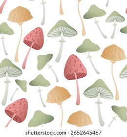 Delicate seamless pattern with toadstools in pastel tones. Green, pink and beige mushrooms with soft texture. Ideal for fall wrapping, print design, banner, seasonal card or fabric surface. Flat style