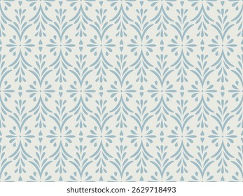 delicado padrão sem emenda com design damasco tradicional. Fundo cinza azul sutil para impressões têxteis, papéis de parede e embalagens.